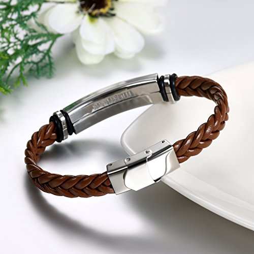 JewelryWe Pulsera de Cuero Acero Inoxidable, Pulsera Grabada Personalizada de Mensajes, Brazalete Personalizado Propio Diseño, Color Marron, Buen Regalo de Amor