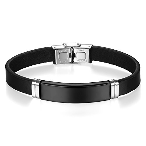 JewelryWe Pulsera de Cuero Acero Inoxidable, Pulsera Grabada Personalizada de Mensajes, Pulido Brazalete Personalizado Propio Diseño, Color Negro, Buen Regalo de Amor