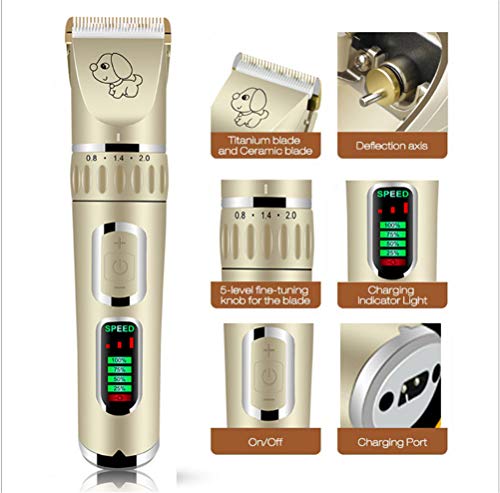 Jingya Clippers de Aseo para Mascotas Clippers inalámbricos para Mascotas de 5 velocidades y bajo Ruido con Pantalla LCD para Perros y Gatos,Oro