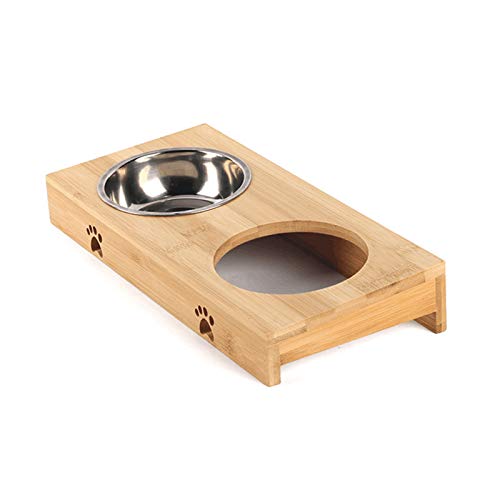 KEBY Perro Gato Doble Cuencos Desmontable Antideslizantes de Acero Bambú Inoxidable Madera Bebedero Comedero Bol Adecuado para Cachorro Gatitos (Double)