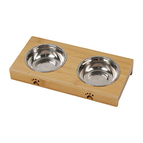 KEBY Perro Gato Doble Cuencos Desmontable Antideslizantes de Acero Bambú Inoxidable Madera Bebedero Comedero Bol Adecuado para Cachorro Gatitos (Double)