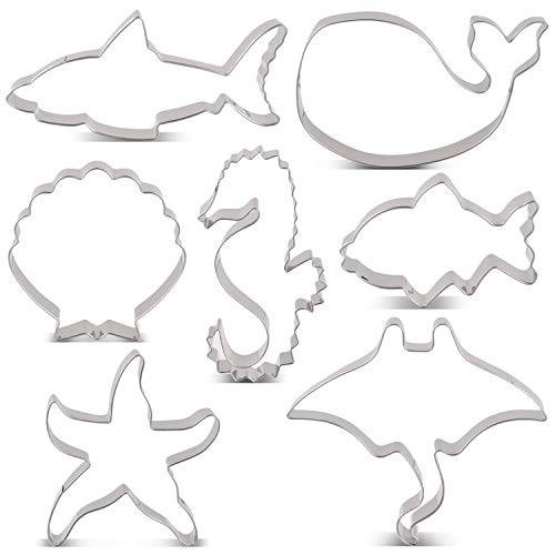 KENIAO Criaturas del Océano Cortadores Galletas - 7 Piezas - Tiburón, Ballena, Pez, Manta, Estrella de Mar, Concha y Caballo de Mar Moldes para Galletas - Acero Inoxidable