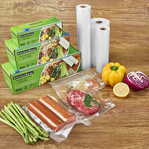 KitchenBoss Bolsas de Vacío 4 Rolls 20x500 y 28x500cm con 2 Caja de Corte (No Más Tijeras) para Almacenaje de Alimentos,Sous Vide Cocina, Aprobación de la FDA y BPA Free