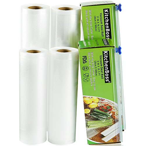 KitchenBoss Bolsas de Vacío 4 Rolls 20x500 y 28x500cm con 2 Caja de Corte (No Más Tijeras) para Almacenaje de Alimentos,Sous Vide Cocina, Aprobación de la FDA y BPA Free