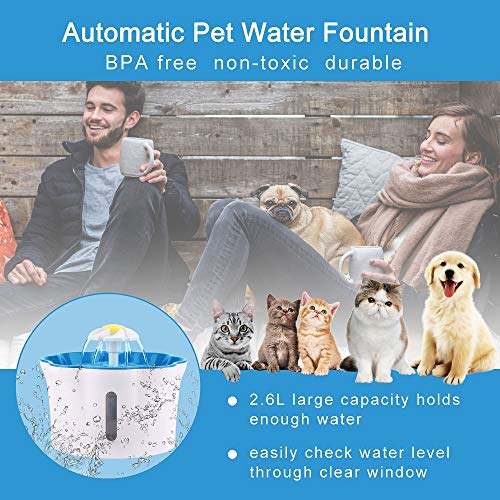 KOOPAO Pet Cat Dispensador de Fuente de Agua, 2.6L Mascotas Filtros de reemplazo de Fuente automáticos Ultra silencioso Saludable e higiénico para Perros Gatos 1 Filtro 1 tapete de Silicona