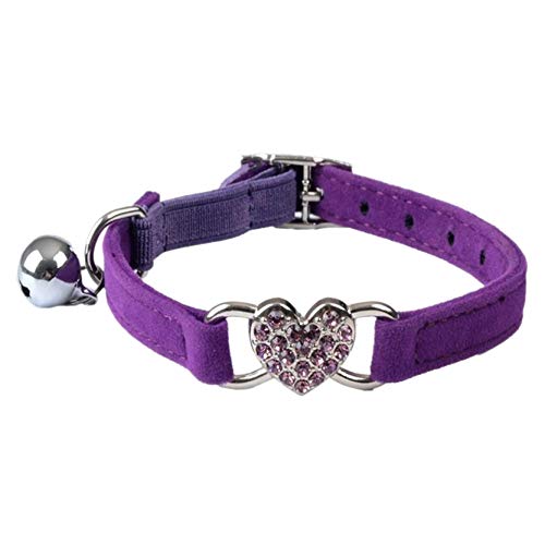 LAQI Collar pequeño para Gatos con Forma de corazón y Collar con Forma de Gato Elástico de Seguridad Ajustable con Material de Terciopelo Suave Collar Producto para Mascotas Púrpura