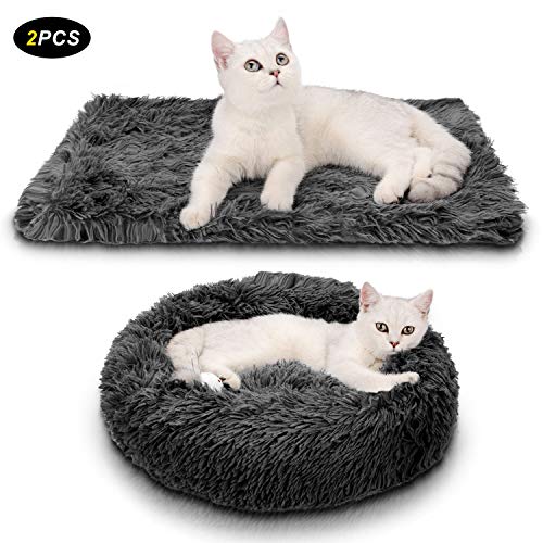 Legendog Pet Bed, 2PC Plush Donut Grey Warm Pet Bed Cat Dog Nido redondo Nido de gato cálido y suave + Manta suave gris