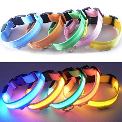 Lesypet Luz LED intermitente perro mascota collar de seguridad ajustable de nylon 2,5 cm de ancho (Rojo, Amarillo, Azul, Verde, Naranja, Rosa) & (Pequeño, Mediano, Grande, Extra Grande)