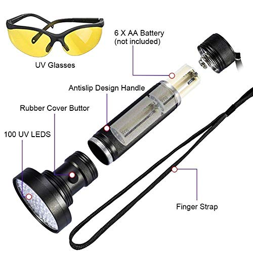 Linterna De Luz Negra Ultravioleta Luz Negra Led Linterna Uv Led Potente Ultravioleta Luz Negra Escorpión Detector De Manchas De Orina Para Mascotas Antorcha De Luz Ultravioleta Púrpura-100Uv W Gafas