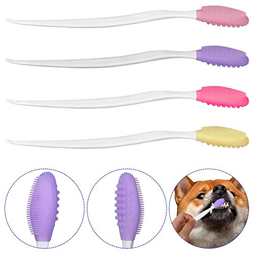 Lukovee Perro Cepillo de Dientes Doble Cara Suave Silicona Cepillo de Dientes Suave con Mango Curvo Largo para Cachorros Pequeños Perros Gatos 4 Unidades