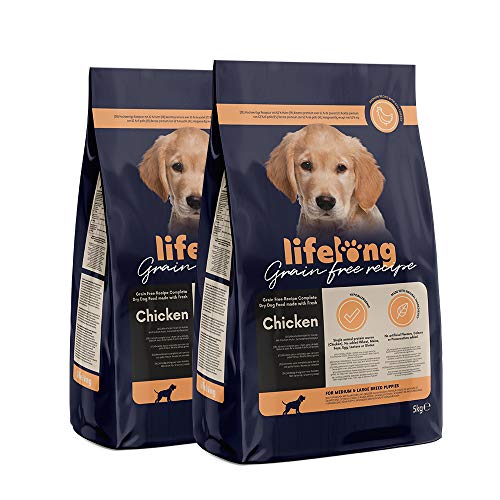 Marca Amazon - Lifelong Alimento seco completo con pollo fresco para cachorros de razas pequeñas, receta sin cereales - 5kg*2