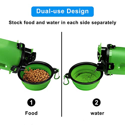 MATT SAGA Botella de Agua para Perros Portatil Envase de Comida para Perros con 2 Plegable Tazones para Perros Gatos Mascotas Adecuado para al Aire Libre Caminar Viajar (Verde)