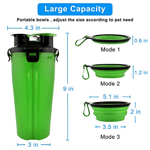 MATT SAGA Botella de Agua para Perros Portatil Envase de Comida para Perros con 2 Plegable Tazones para Perros Gatos Mascotas Adecuado para al Aire Libre Caminar Viajar (Verde)