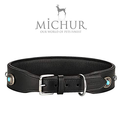 MICHUR Alonzo Collar de Cuero Grande para Perros, Collar de Cuero, Collar, Piedras Azules con RIVOS Redondos, Disponible en Varios tamaños, Collar Cuero