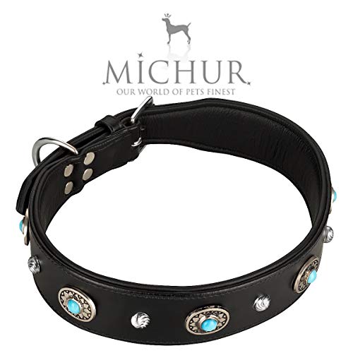 MICHUR Alonzo Collar de Cuero Grande para Perros, Collar de Cuero, Collar, Piedras Azules con RIVOS Redondos, Disponible en Varios tamaños, Collar Cuero