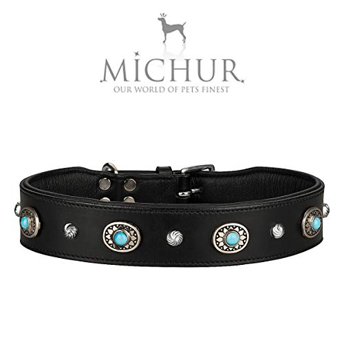 MICHUR Alonzo Collar de Cuero Grande para Perros, Collar de Cuero, Collar, Piedras Azules con RIVOS Redondos, Disponible en Varios tamaños, Collar Cuero