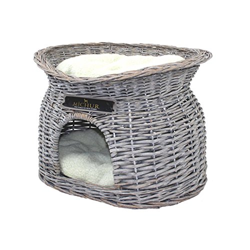 MICHUR Richy, Cave of Cats, Cave Dogs, Cat Basket, Dog Basket, Willow, Malacca, Natura, ca. 55x39x43cm (Dimensiones: Aproximadamente 40x28cm), Canasta de Mimbre de Gato Gris Cat