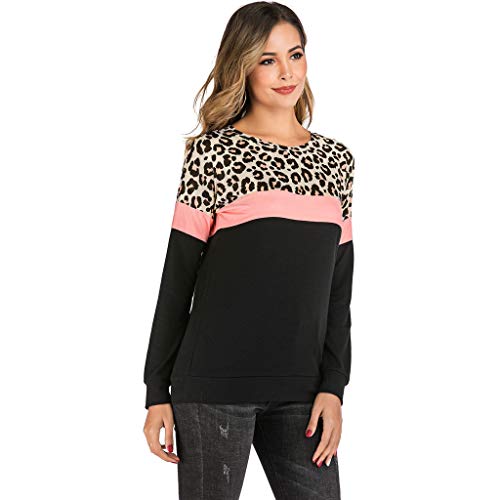 Moderna camiseta de manga larga con estampado de leopardo, bloc de colores para mujer, suave, cómoda, casual, con cuello redondo medium Rosa