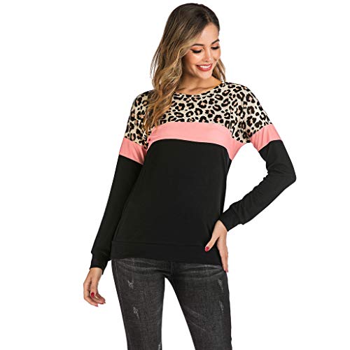 Moderna camiseta de manga larga con estampado de leopardo, bloc de colores para mujer, suave, cómoda, casual, con cuello redondo medium Rosa