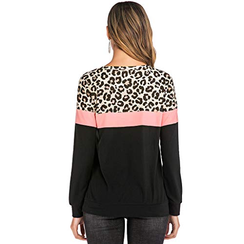 Moderna camiseta de manga larga con estampado de leopardo, bloc de colores para mujer, suave, cómoda, casual, con cuello redondo medium Rosa