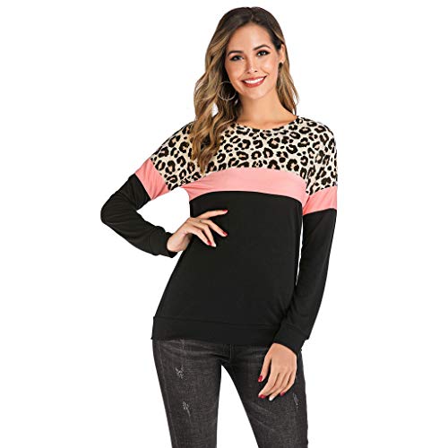 Moderna camiseta de manga larga con estampado de leopardo, bloc de colores para mujer, suave, cómoda, casual, con cuello redondo medium Rosa