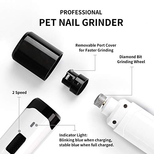 Molinillo de uñas profesional para perros, lima de uñas eléctrica, recargable y portátil, de bajo ruido 2 velocidades, molienda rápida para perros grandes, medianos y pequeños (3 puertos, cable USB)