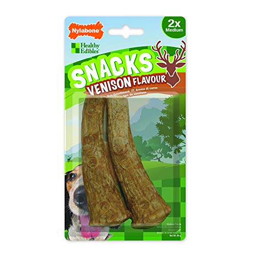 Nylabone - Snacks con forma de asta y sabor a venado para perros (Paquete de 2) (Medium) (Marrón)