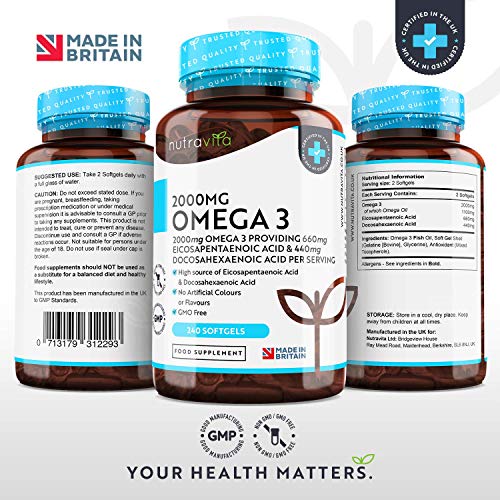 Omega 3 (2000 mg) - 660 mg de EPA y 440 mg de DHA - Omega 3 Capsulas de Gel Suave de Aceite de Pescado Puro - Hecho en el Reino Unido por Nutravita