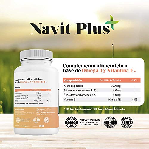 Omega 3 Ácidos grasos + Vitamina E. Aceite de pescado salvaje. Alta dosis de EPA 700 mg y DHA 500 mg/ Dosis diaria | Fabricado en España |Complemento alimenticio a base de aceite de pescado puro.