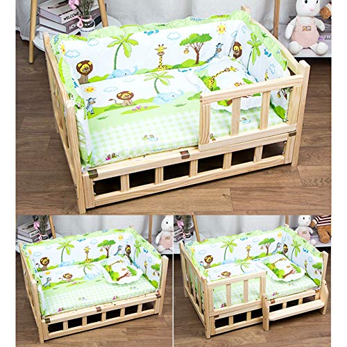 OO PET Cama para Perros de Madera, Desmontable y Lavable, Perrera con baranda y colchón, para Perros y Cachorros Grandes Muebles para Perros Suministros Perrera,Verde,S