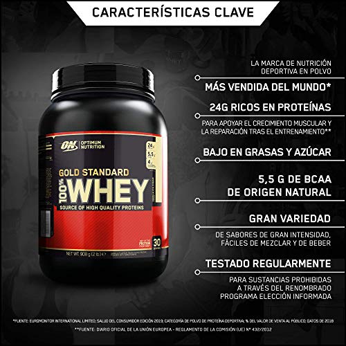 Optimum Nutrition ON Gold Standard 100% Whey Proteína en Polvo Suplementos Deportivos con Glutamina y Aminoacidos Micronizados Incluyendo BCAA, Helado de Vainilla, 30 Porciones, 900 gr