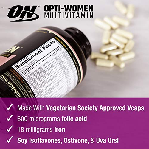 Optimum Nutrition ON Opti-Women, Suplemento multivitamínico, multivitaminas y minerales para mujeres con vitamina D y C, magnesio y acido folico, sin sabor, 60 porciones, 120 cápsulas