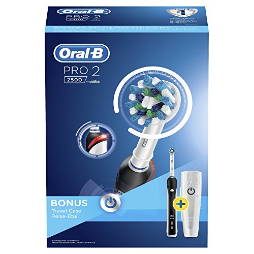 Oral-B PRO 2 2500 CrossAction - Cepillo de Dientes Eléctrico Recargable con Tecnología de Braun, 1 Mango Negro, 2 Modos Incluyendo Cuidado de Las Encías, 1 Cabezal de Recambio Y 1 Estuche de Viaje