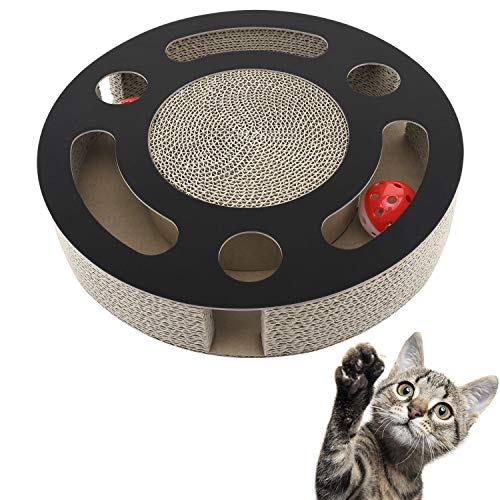 Pawaboo Rascador de Gato para Cama y Sofá, Múltiples Funciones Tablero Redondo de Premium Corrugado Cartulina con Menta de Gato, Juguete para Gatos con Bola de Cascabel Redonda Incorporada - Negro