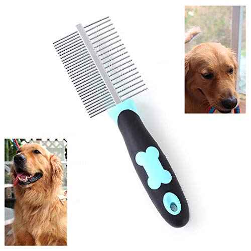 PETGDS Peine de Peluquería Canina, Pet Cepillo de Pulga de Doble Cara para Pelea de Acero Inoxidable Gato con Mango Antideslizante para Mascotas Pequeñas, Medianas y Grandes con Cabello Largo