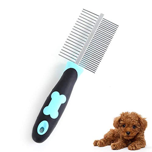 PETGDS Peine de Peluquería Canina, Pet Cepillo de Pulga de Doble Cara para Pelea de Acero Inoxidable Gato con Mango Antideslizante para Mascotas Pequeñas, Medianas y Grandes con Cabello Largo