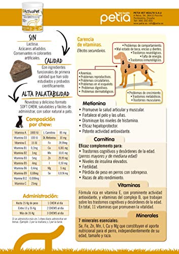 Petia Vet Health ACTIVAPET. (Multivitamínico Perros. Vitaminas Grupo B. Vitaminas E, A, C, D3, Hierro, Cobre, Zinc, Selenio, Manganeso, L Carnitina, L Metionina)