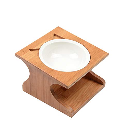 Petsoigné Cuenco para Gatos Perros Elevado Comedero Gato Perro en Cerámica/Acero Inoxidable con Soporte de Madera (Cuencos Reemplazables, Cerámica)