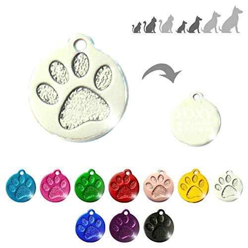 Placa Redonda con Huella para Mascotas pequeñas-Medianas Chapa Medalla de identificación Personalizada para Collar Perro Gato Mascota grabada (Plateado)