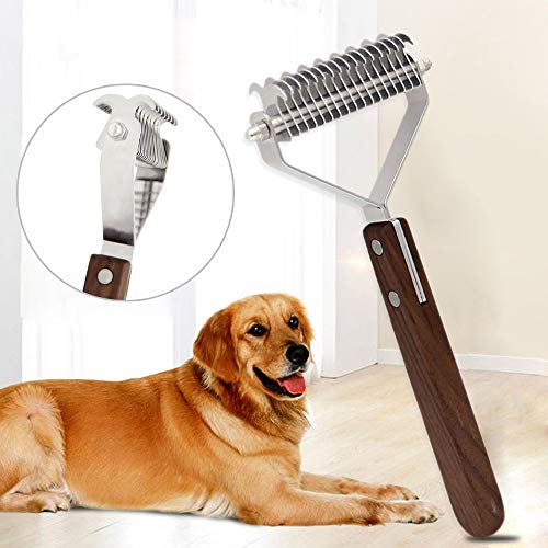 Profesional Cepillo Perro & Gato Peine Mascotas Tipo Rastrillo Quita Nudos, Quita Pelos Muerto y Desenredante, Reduce la Caida de Cabello - Metalico Hoja de Doble Cara - Mango de Madera - Pet Comb