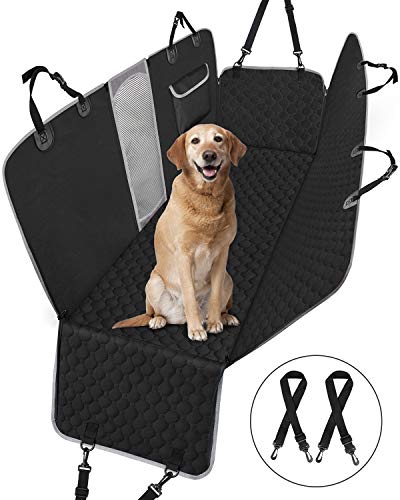 Protector de Asiento de Auto Para Perros, cubierta de asiento trasero para mascotas con ventana de visualización de malla / solapas laterales, protector de asiento para autos, 145 x 136 cm negro