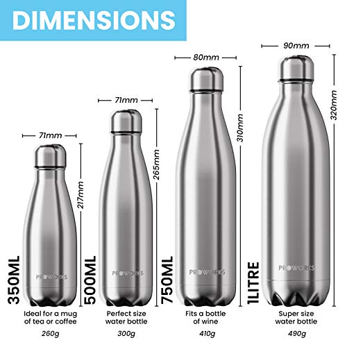 Proworks Botellas de Agua Deportiva de Acero Inoxidable | Cantimplora Termo con Doble Aislamiento para 12 Horas de Bebida Caliente y 24 Horas de Bebida Fría - Libre de BPA - 350ml – Plata Metalizado