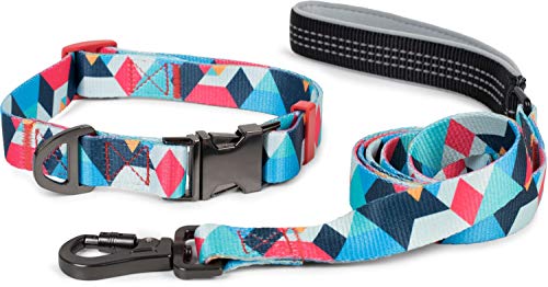 Puccybell Collar y Correa para Perros de Nylon (1,5 m) en un Conjunto, diseño geométrico, para Perros pequeños, medianos y Grandes HLS008 (L, Azul Claro Colorido)