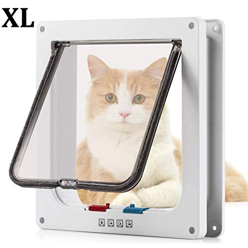 Pujuas - Puerta para Gato con Cierre magnético de 4 vías, Puerta para Mascotas para Gatos y Perros pequeños, Puerta para Gatos con túnel (XL, Blanco)