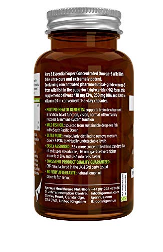 Pure & Essential Aceite de Pescado Salvaje Omega-3 410 mg EPA y 250 mg DHA por cápsula y Vitamina D3, sabor a limón, 60 cápsulas