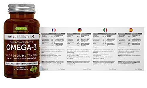 Pure & Essential Aceite de Pescado Salvaje Omega-3 410 mg EPA y 250 mg DHA por cápsula y Vitamina D3, sabor a limón, 60 cápsulas