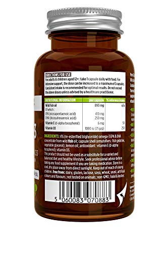 Pure & Essential Aceite de Pescado Salvaje Omega-3 410 mg EPA y 250 mg DHA por cápsula y Vitamina D3, sabor a limón, 60 cápsulas