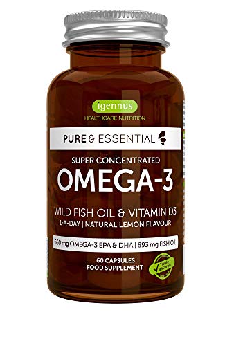 Pure & Essential Aceite de Pescado Salvaje Omega-3 410 mg EPA y 250 mg DHA por cápsula y Vitamina D3, sabor a limón, 60 cápsulas