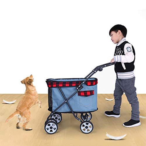 QQLK Carrito de 4 Ruedas para Mascotas, Pet Travel Stroller, Carrito para Perros y Gatos, Plegable, Altura del Mango Ajustable, Techo Solar PanoráMico, Capacidad de Carga 25 kg,2