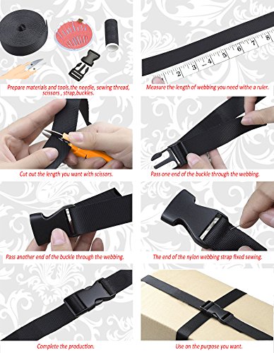 REKYO Cincha Pesado De 1 Pulgada Ancho 10 Yardas Nylon Negro Y 12 PC Lado Plano Versión Hebillas Nylon Correas Cinta para Mochila De Bricolaje para Embalaje (Producto Nuevo) … (Banda + Hebillas)